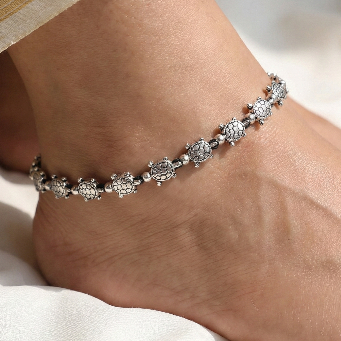 Vibrant Veils Silver Replica Oxidised Unique Turtle Design Anklet