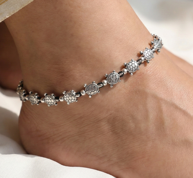 Vibrant Veils Silver Replica Oxidised Unique Turtle Design Anklet