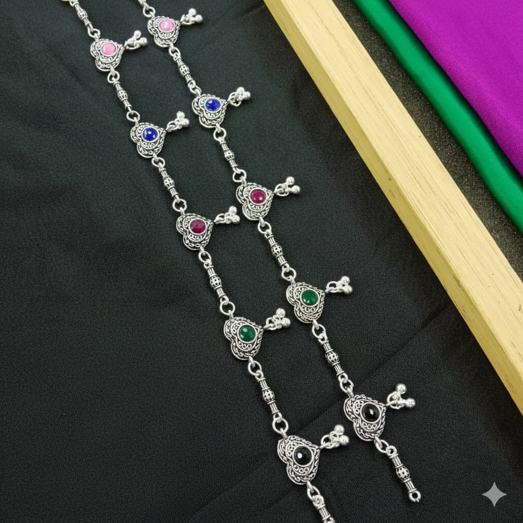 VIBRANT VEILS Multi-Stone Clover Drop Anklets