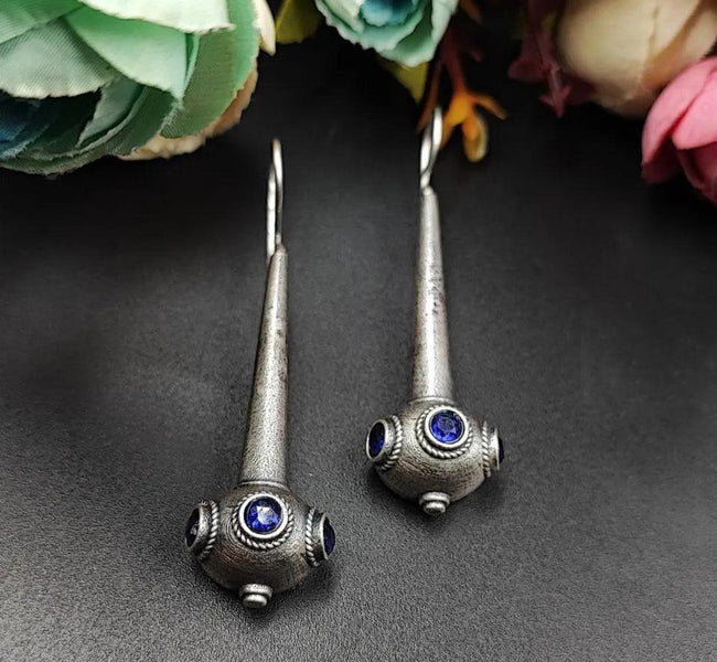 Vibrant Veils Antique Silver Replica Oxidised Drop Design Tribal Handcrafted Hook Earrings