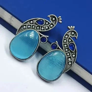 Jaipuri Oxidised Silver Replica Peacock Earrings With Monalisa Stone and Pearl Work Vibrant Veils Inc