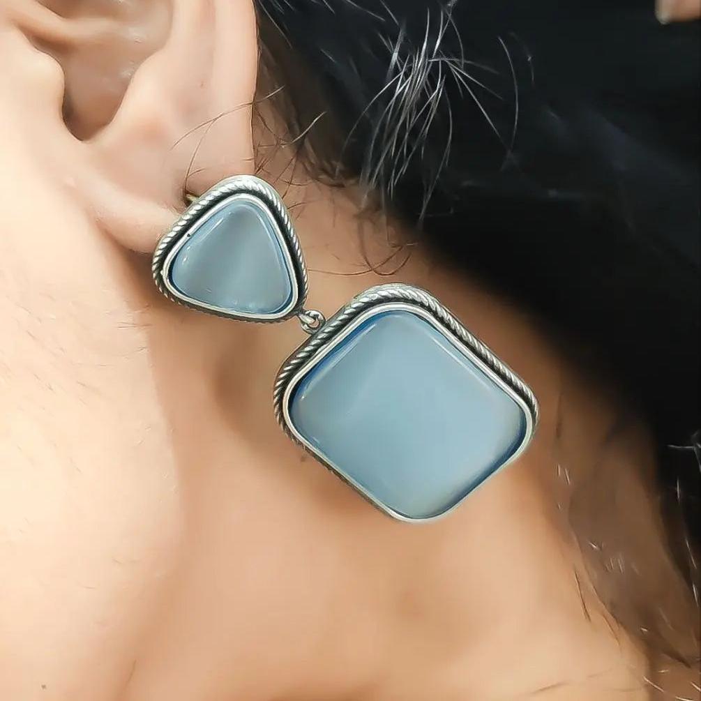 Premium Quality Silver Replica Square Monalisa Stone Stud Earrings - VibrantVeils Vibrant Veils Inc