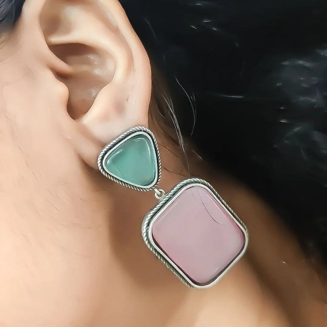 Premium Quality Silver Replica Square Monalisa Stone Stud Earrings - VibrantVeils Vibrant Veils Inc