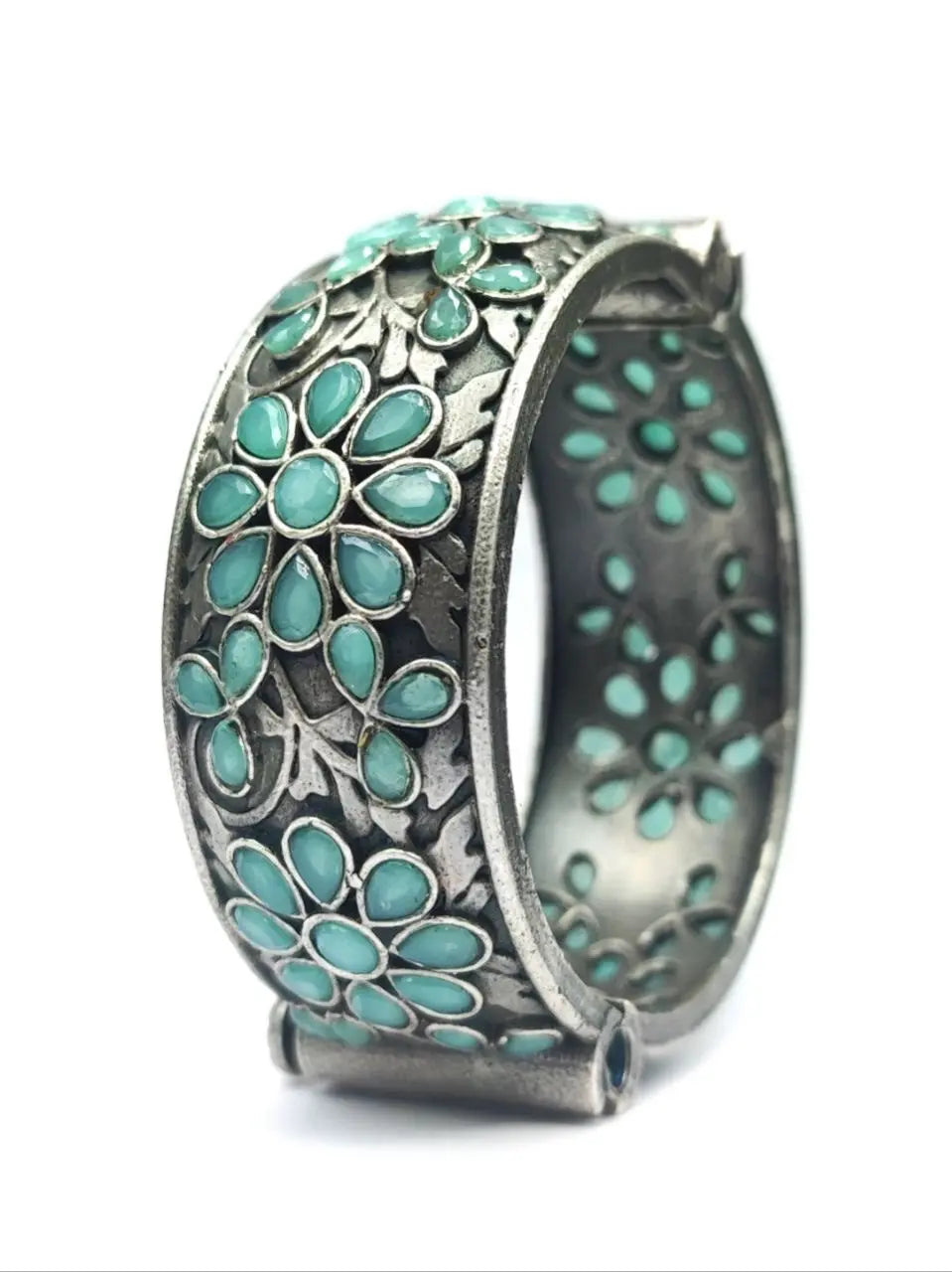 Floral Art Silver Replica Stone Work Oxidised Free Size Bangle Kada For Girls - VibrantVeils VibrantVeils