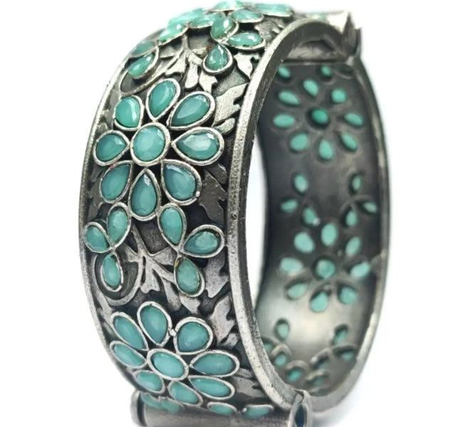 Floral Art Silver Replica Stone Work Oxidised Free Size Bangle Kada For Girls - VibrantVeils VibrantVeils