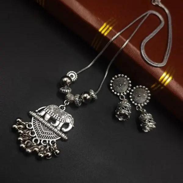 Oxidised Elephant Chain Necklace With Jhumka - VibrantVeils Inc