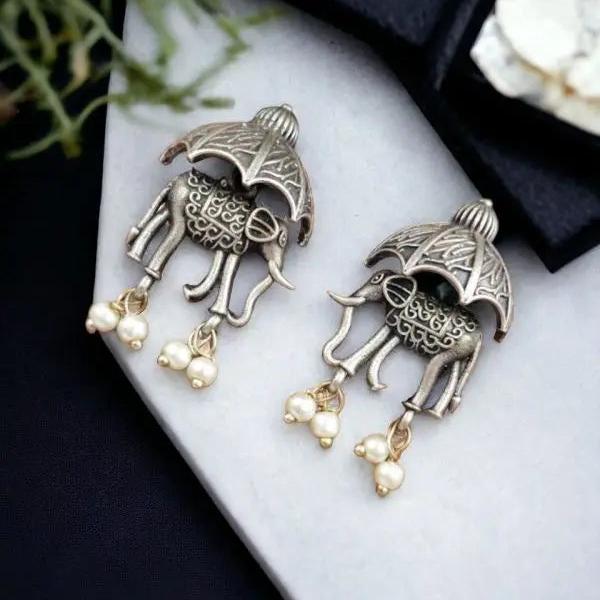 Elephant Earrings | Antique Look Bollywood Style Best Oxidised Stud Earring - VibrantVeils Inc