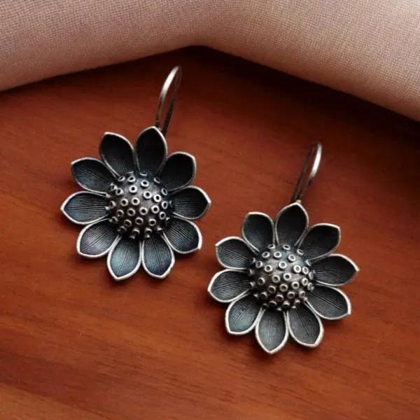 Unique Sliver Oxidized Flower Hook Earrings- VibrantVeils Inc