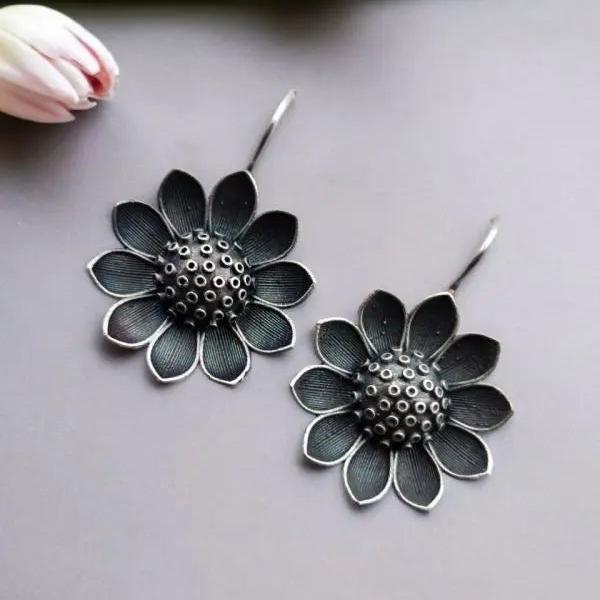 Unique Sliver Oxidized Flower Hook Earrings- VibrantVeils Inc