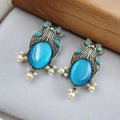 Vibrant Veils Antique Silver Peacock Style Earrings With Monalisa Stone & Pearl Beads -