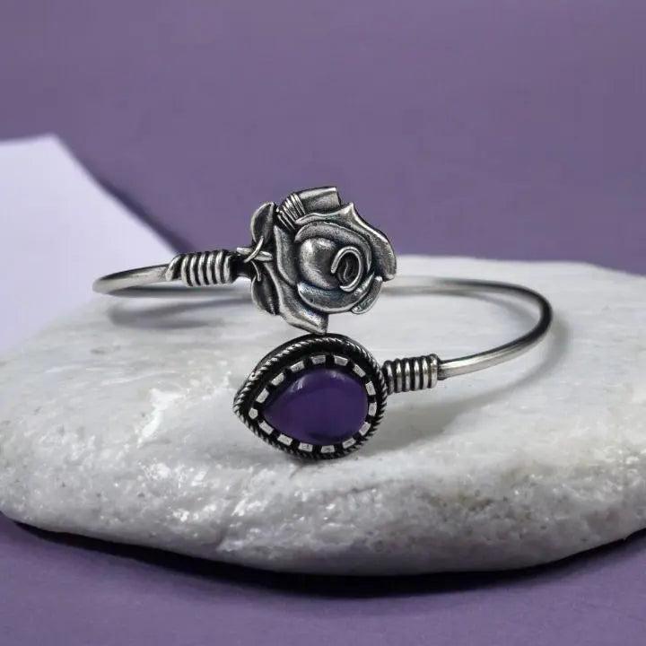 Oxidised Silver Look Like Flower Bracelet with Monalisa Stone Work Vibrant Veils Inc