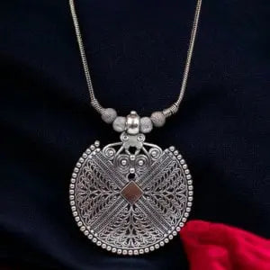 Affordable Oxidised Long Round Pendant Necklace For Girls - VibrantVeils Inc