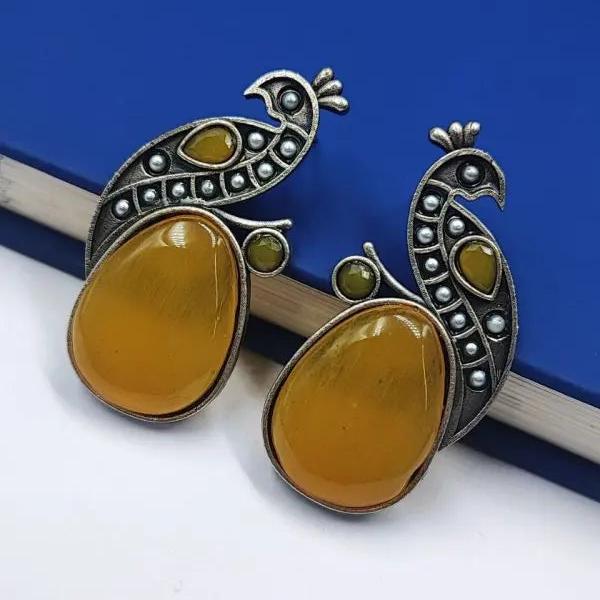 Jaipuri Oxidised Silver Replica Peacock Earrings With Monalisa Stone and Pearl Work Vibrant Veils Inc